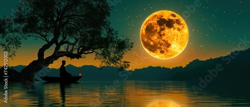 a person sitting on a boat in the water with a full moon in the sky above them and a tree in the foreground. photo