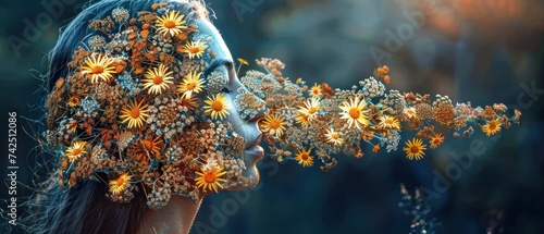 a woman's face with flowers coming out of her face and the image of flowers coming out of her face. photo