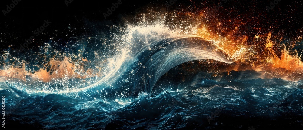a large wave in the middle of a body of water with a lot of orange and blue flames coming out of it. - obrazy, fototapety, plakaty 