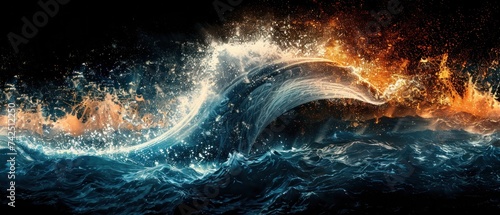 a large wave in the middle of a body of water with a lot of orange and blue flames coming out of it.