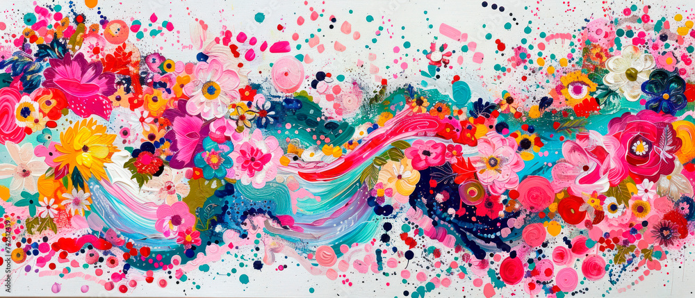 a large painting with lots of colorful paint splattered on it's sides and a white wall behind it.
