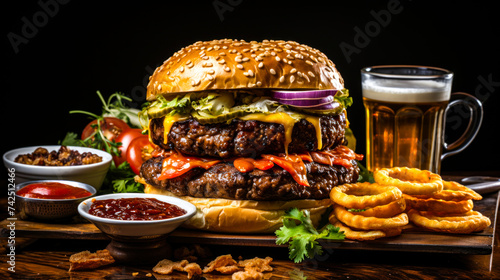 A Hearty and Delicious Cheeseburger with Onion Rings, BBQ Sauce, and Beer