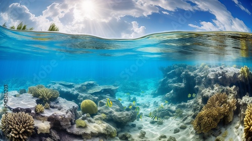 Surface and underwater view with school of tropical fish in coral reef and blue sky with cloud, Caribbean sea