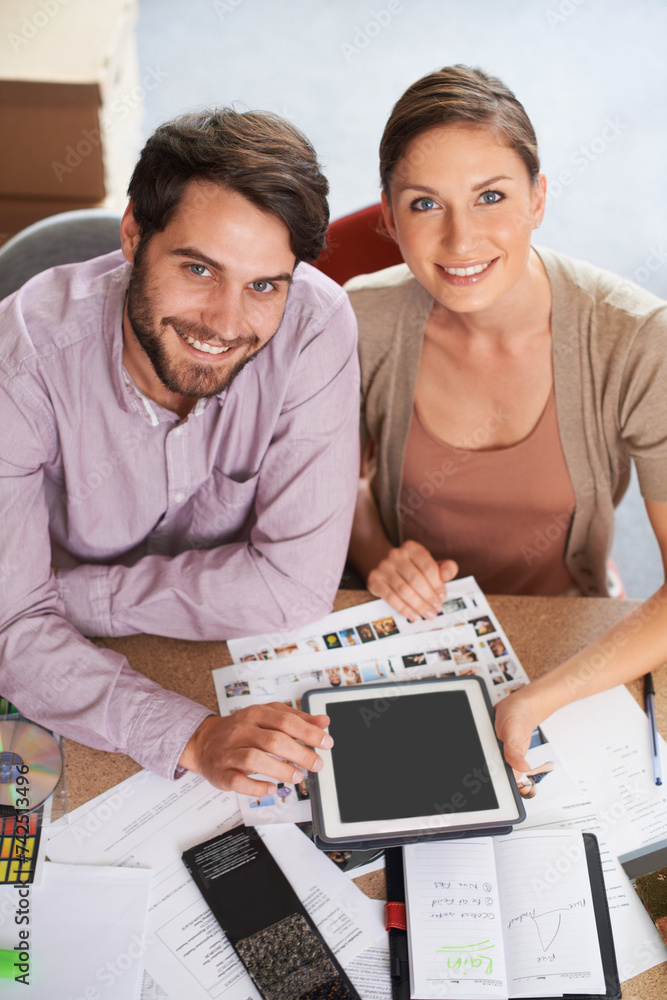 Fototapeta premium Portrait, smile and tablet with designer business people in office together for planning. Technology, teamwork or creative with happy man and woman designer in workplace for meeting or discussion