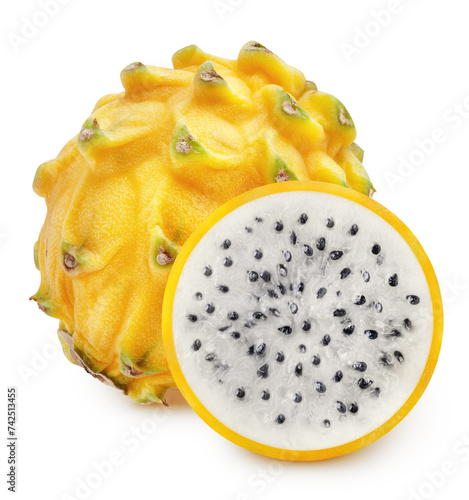 Isolated dragonfruit. Whole and  slice of yellow pitahaya fruit isolated on white background with clipping path