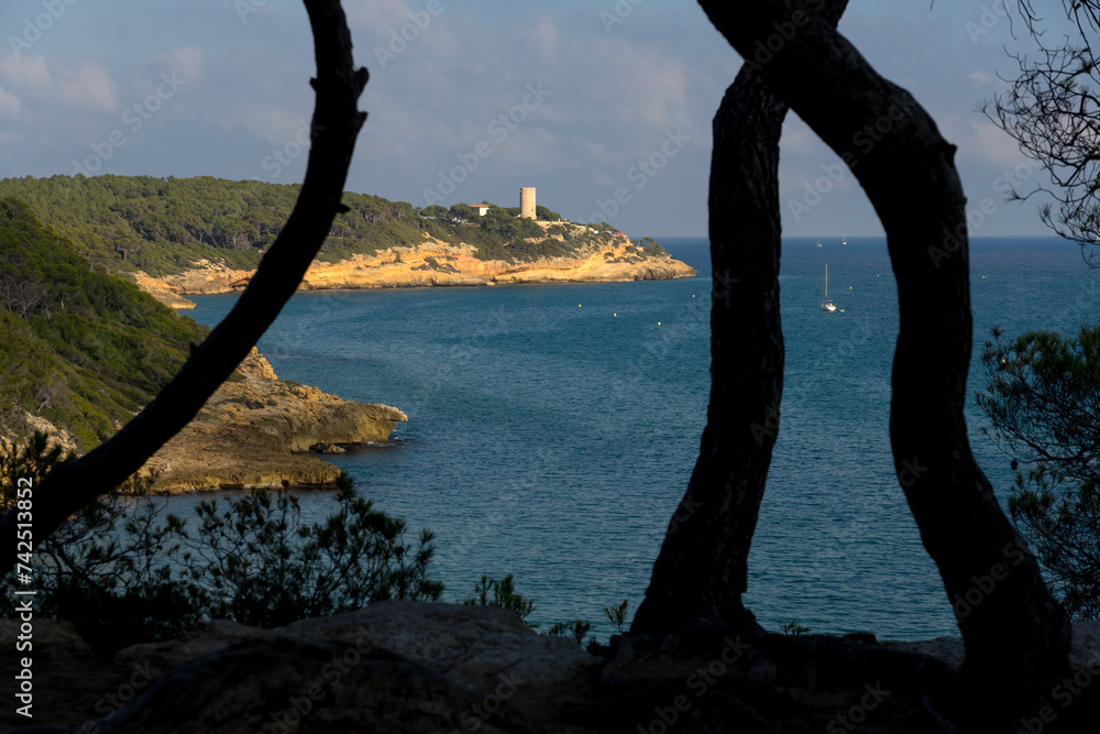 Fototapeta premium Fonda beach (Cala Fonda) and La Marquesa pine forest with the Mora tower and the cliffs in the background in a sunny day. Tarragona, Catalonia, Spain.