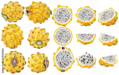 Isolated yellow dragonfuit. Collection of whole and cut of yellow dragon fruit of different shapes isolated on white background with clipping path