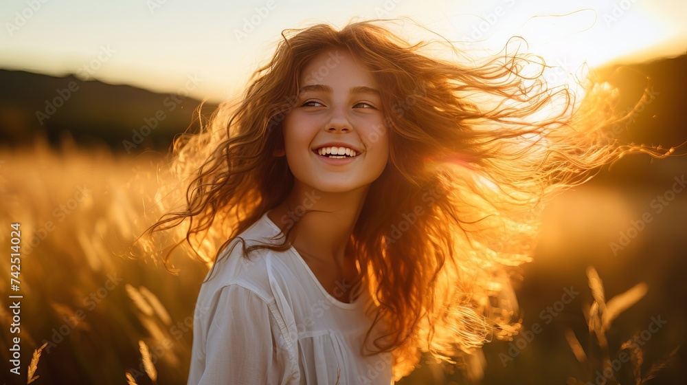 Teenage girl enjoy with sun in the evening glow Teenage girl enjoy with sun in the evening glow