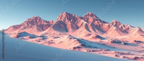a mountain range covered in snow with a blue sky in the background and a pink sky in the foreground.