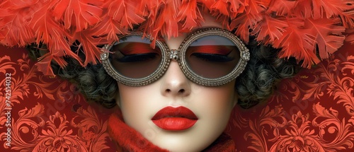 a close up of a woman's face with red feathers on her head and a pair of sunglasses on her head. photo