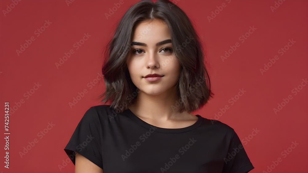 portrait of a teenager girl with clear t shirt isolated in red studio generative ai portrait of a teenager girl with clear t shirt isolated in red studio generative ai
