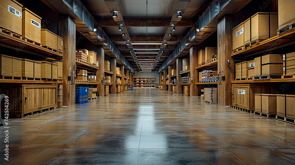 Industrial Warehouse Aisle Symmetry, Empty and Imposing, created with Generative AI technology