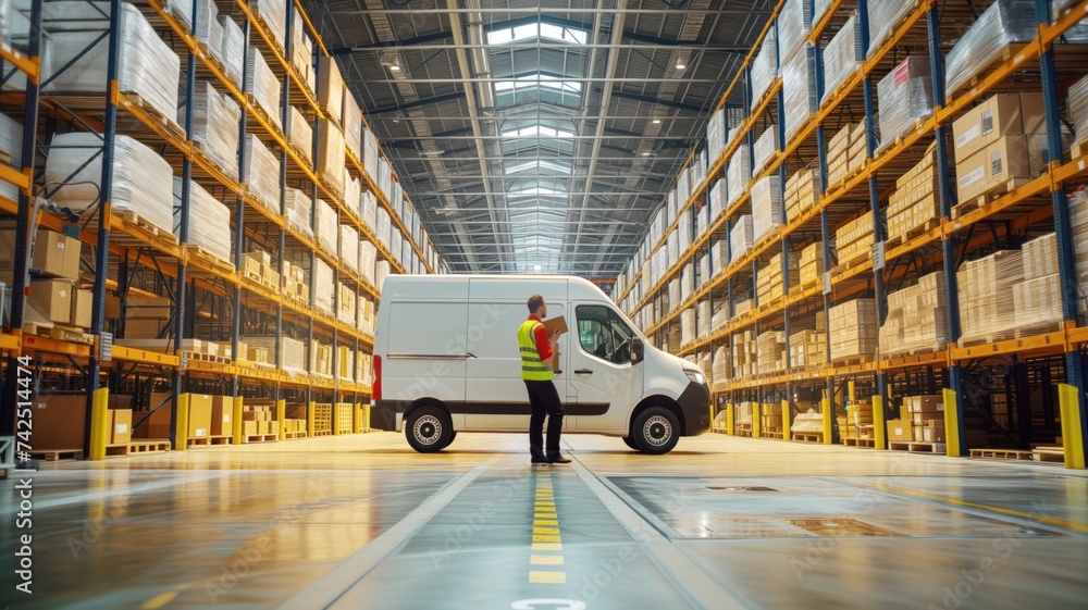 logistics worker standing by a white delivery van inside a spacious and modern warehouse. logistics worker standing by a white delivery van inside a spacious and modern warehouse.