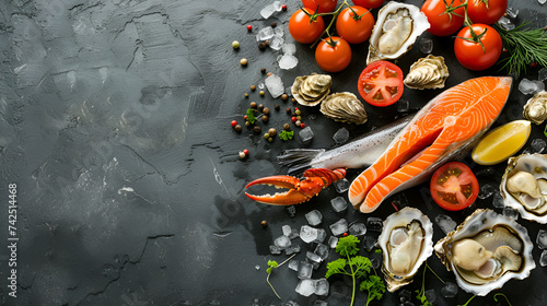 Seafood Dorado salmon crab grouper oysters. On a black background, copy space, generative ai photo