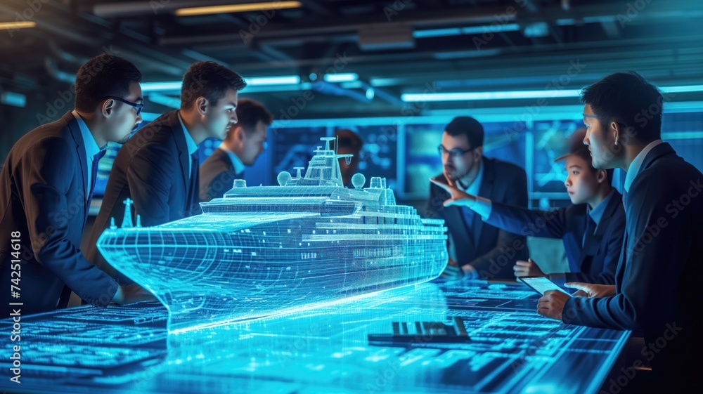 several engineers or designers focusing on a holographic projection of a cruise ship