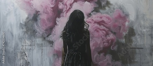 a painting of a woman standing in front of a wall with pink smoke coming out of the back of her head. photo