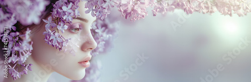 Profile portrait of a beautiful woman with spring flowers all around her. The arrival of spring and Mother's Day creative concept banner. Purple tones colors. Fresh aroma and harmony. photo
