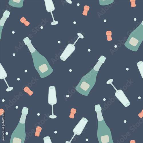 Champaign sparkling wine seamless pattern with bottle and glass flat design