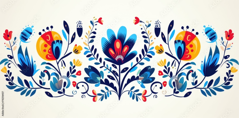 Vibrant Mexican Folk Art Floral Design on a Deep Blue Canvas - Generative AI