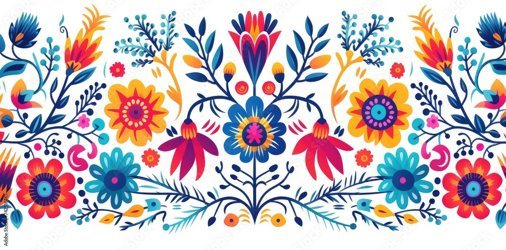 Naklejka premium Vibrant Mexican Folk Art Floral Design on a Deep Blue Canvas - Generative AI