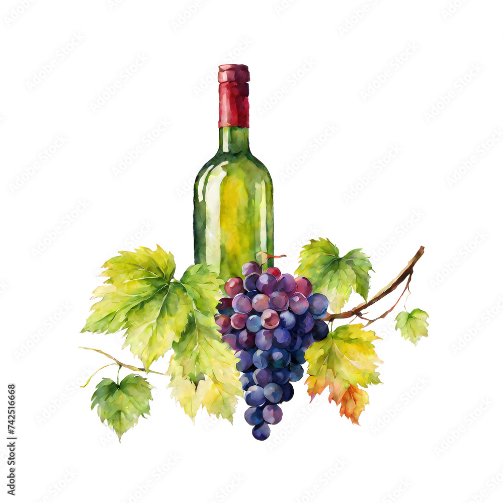 Watercolor grapes and grape vine bottle, watercolor clip art illustration