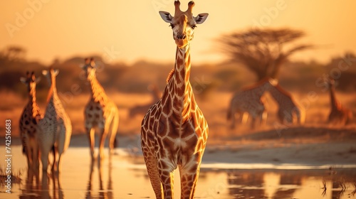 Vertical landscape with herds of Giraffes and group of antelopes in the natural habitat, view of wildlife in savannah of Africa. Wild African animals on a waterhole in Namibia.