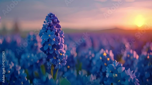Large flower bed with multi-colored hyacinths, traditional Easter flowers, flower background, easter spring background. Close up macro photo, selective focus. Pink,purple blue flowers in spring 4k photo