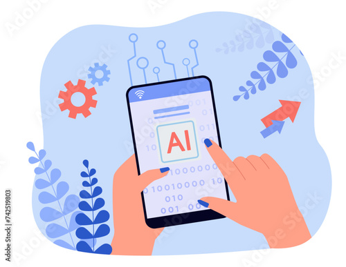 Hands holding smartphone with AI vector illustration. Using mobile phone with chatbot, robot application, conversation assistant. Artificial Intelligence, neural networks, innovation concept.