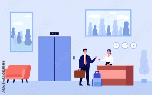 Hotel reception flat vector illustration. Businessman with suitcase and briefcase greeting woman at reception desk. Female receptionist passing key to guest. Hotel, business trip, tourist