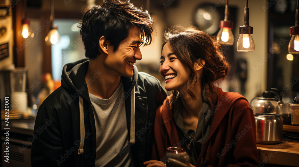 Couple in Love Looking at Each Other, Both Holding Coffee to Go: Romantic and Cozy Couple in Love Looking at Each Other, Both Holding Coffee to Go: Romantic and Cozy