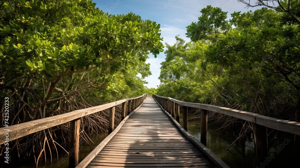 Wood bridge in mangrove forest. Explore nature