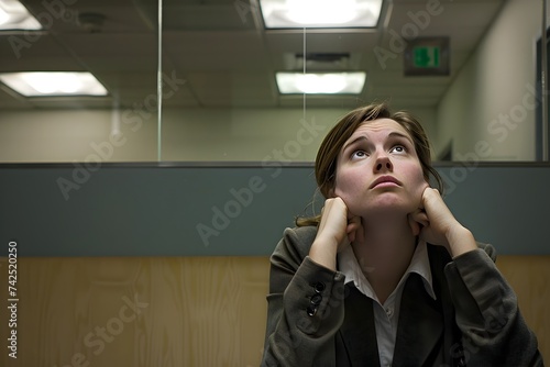 Contemplative Woman in Modern Office with Geometric Art Style photo