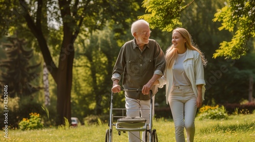 Assisted Mobility: A caregiver walking with an elderly man using a walker in a park, showcasing support, aging, and mobility assistance. photo