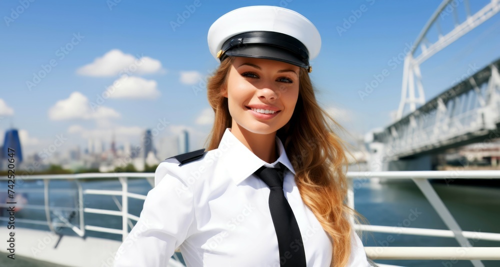 Mujer sonriente con uniforme de capitán Mujer sonriente con uniforme de capitán