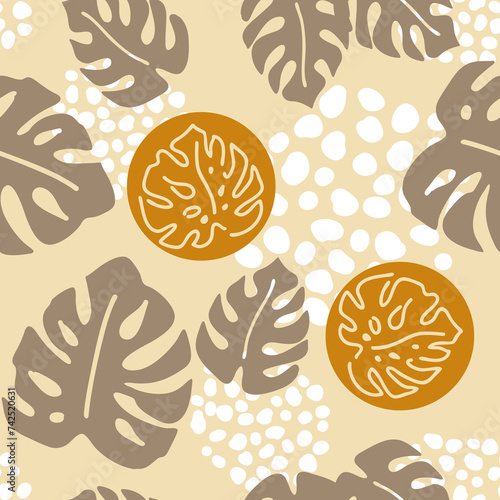 Monstera leaves decorative seamless pattern for textile design, fabric print, digital or wrapping paper, wallpaper, background and backdrop, decoration. Tropical summer holiday theme.