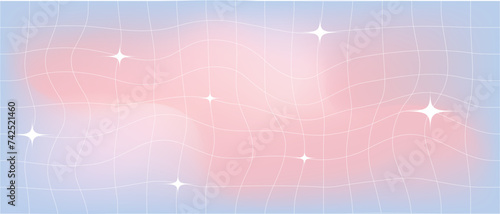 Pink blue gradient blurred checkered background with stars. Groovy retro checkered wavy background 90s 2000s. Horizontal abstract blurred gradient mesh template. Vector illustration.