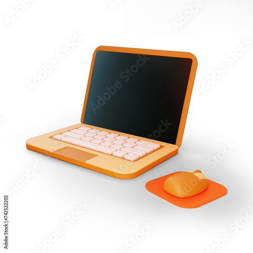 Brown 3d laptop with cartoon style and cute mouse. 3d render illustration