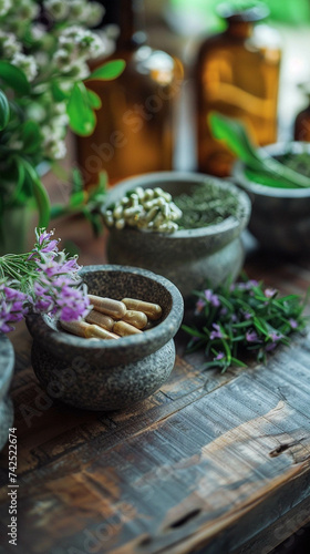 Close up of herbal medicine and mortar natural health remedies