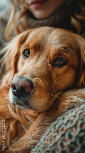 Close up on a therapy dog comforting a patient animal assisted therapy photo