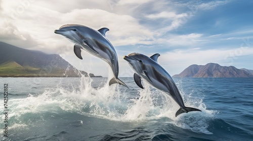 A pair of beautiful dolphins jumping over breaking waves. Hawaii Pacific Ocean wildlife scenery. Marine animals in natural habitat