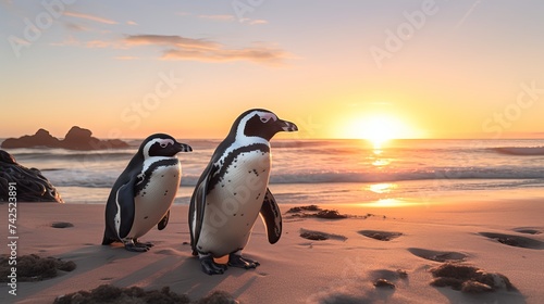 African penguins on the sandy coast in sunset. Red sky. African penguin ( Spheniscus demersus) also known as the jackass penguin and black-footed penguin.Cape Town. South Africa photo