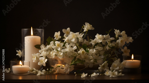 hyper-realistic images of Jasmine blossoms emitting their fragrance in a romantic candlelit setting. Frame the composition to convey a sense of romance and sensory delight, enhancing the cinematic qua
