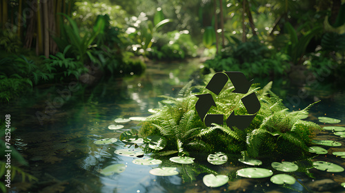 Forest Water Serenity: A captivating scene of nature, where leaves gracefully float on reflective water, capturing the essence of a lush green forest in the vibrant beauty of summer or spring 