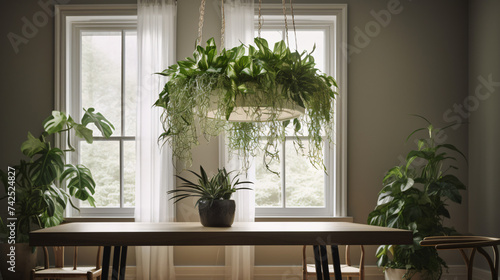 hyper-realistic images of a Pothos canopy bathed in soft ambient light. Frame the composition to highlight the play of light and shadow on the elegantly arranged foliage, adding a cinematic touch to t © Welle Photos