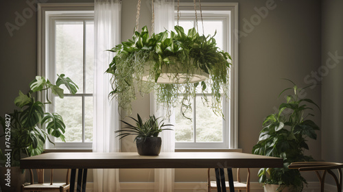 hyper-realistic images of a Pothos canopy bathed in soft ambient light. Frame the composition to highlight the play of light and shadow on the elegantly arranged foliage, adding a cinematic touch to t