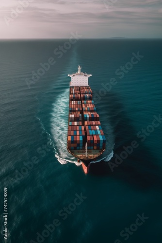 Merchant worldwide transportation ship full of Cargo Container boxes for import export dock in sea or ocean. International Business commercial trade global freight shipping logistic oversea concept.