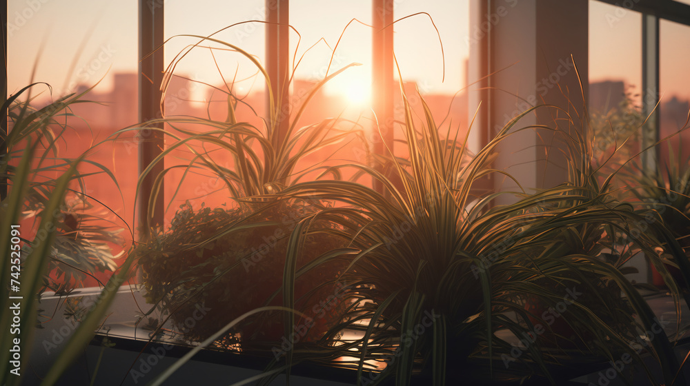 hyper-realistic images of Spider Plants against the backdrop of a vibrant sunset in a contemporary space. Frame the composition to showcase the warm hues of the setting sun, creating a cinematic and p - obrazy, fototapety, plakaty 