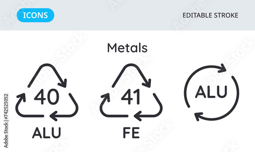 Metals recycling codes icons. Triangular environmental symbols of materials. Set of elements on a white background. Editable stroke.