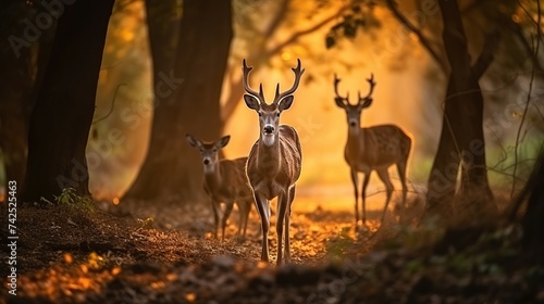 Barasingha deer in the nature habitat in India. Beautiful and big deers in the dark forest. Indian wildlife and very rare animals. Barasinga deers © Elchin Abilov