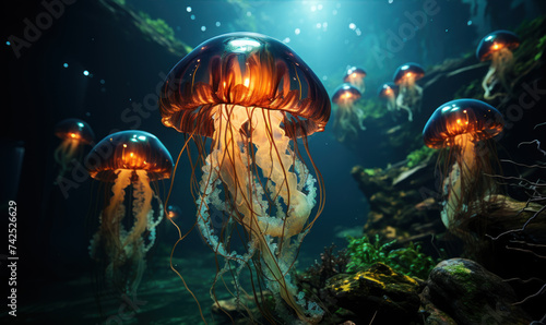 Transparent jellyfish plays with light reflecting underwater. marine life